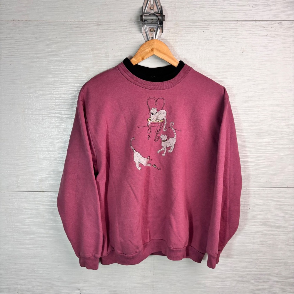 1990s Cat Embroidered Sweatshirt Top Stitch Morning Sun Pink Petite
